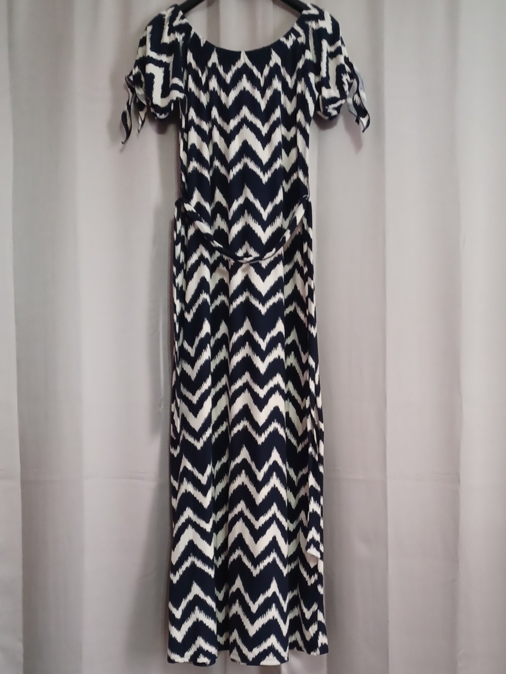 Allison Brittney Chevron Maxi Dress Elastic Off Shoulder Neck Tie Waist Stretch - Picture 10 of 14
